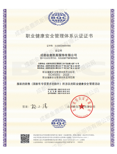 職業(yè)健康安全管理體系認(rèn)證證書